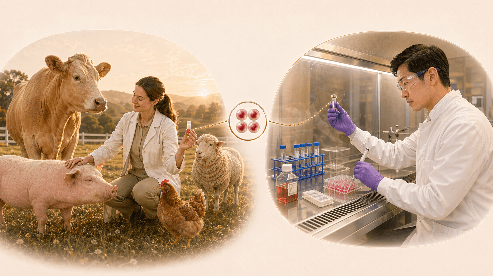 A woman scientist gently sourcing animal cells in a pasture and an Asian scientist developing cell lines in a biosafety cabinet.