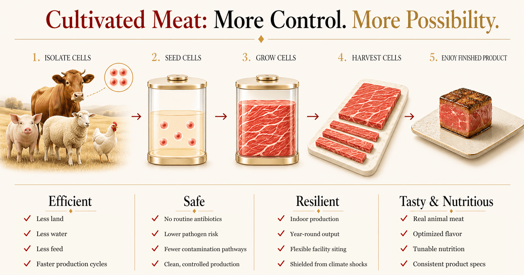 Cultivated meat process and benefits including efficiency, safety, resilience, taste, and nutrition.
